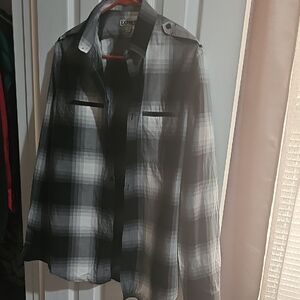 Express Men’s Fitted Plaid Button Down Shirt - Gray/Black - Medium